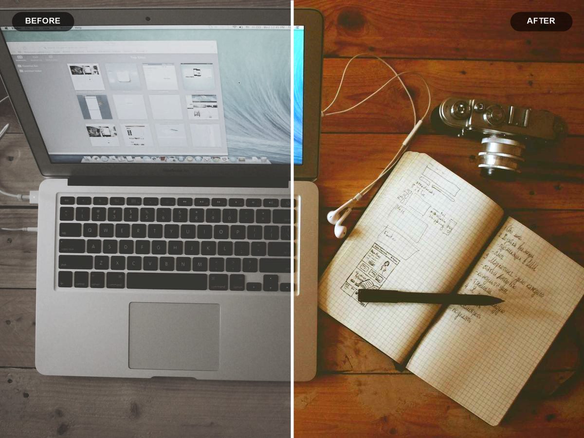 Before and after: flat-lay photo graded for a social media feed